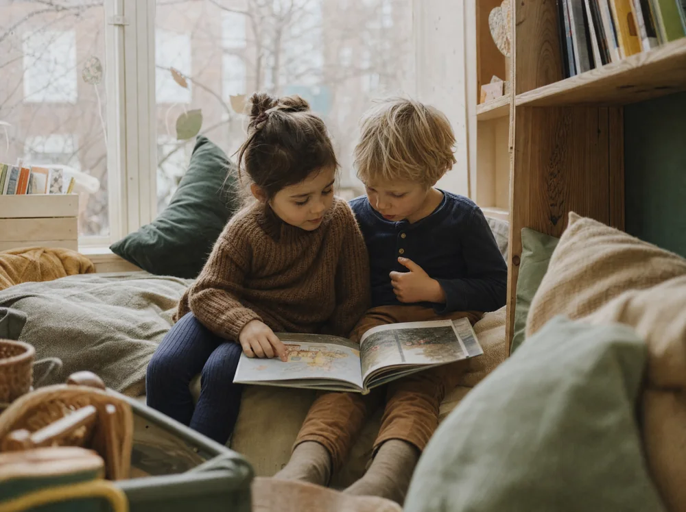 Illustratives KI-Motiv: Zwei Kinder schauen gemeinsam ein Bilderbuch an