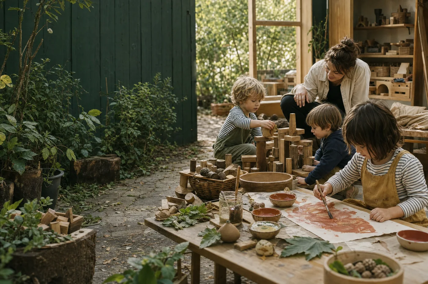 Illustratives KI-Motiv: Kinder malen und bauen gemeinsam